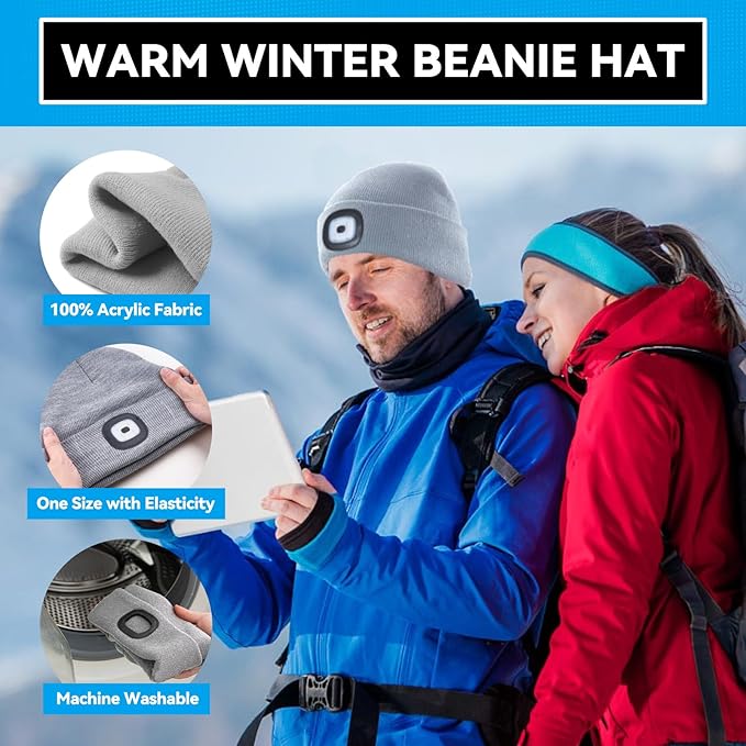 Beanie Hats with Light, USB Rechargeable LED Hand Free Headlamp, Ideal for Camping, Hiking, Fathers Day Dad Gifts, Birthday Gifts for Husband, Dad, Men, 1 Pack, Grey
