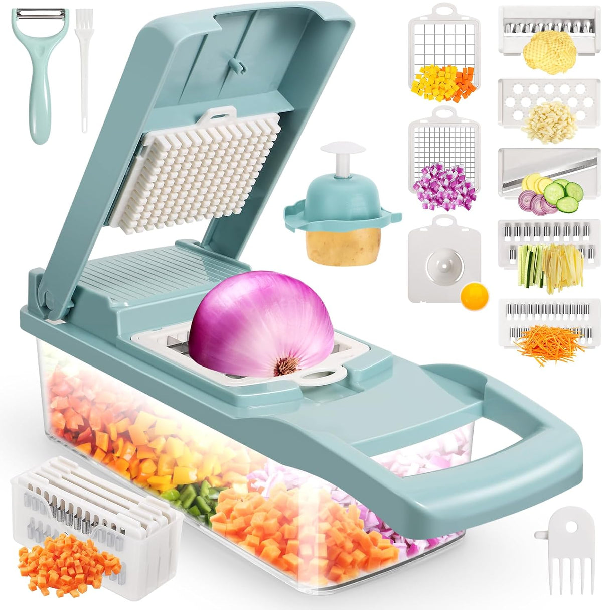 Ultra-Sharp 420-Grade Hardened Stainless Steel Onion Vegetable Chopper Dicer, 8 Interchangeable Blades, Includes Egg White Separator, Time Saver, 1 Year Warranty