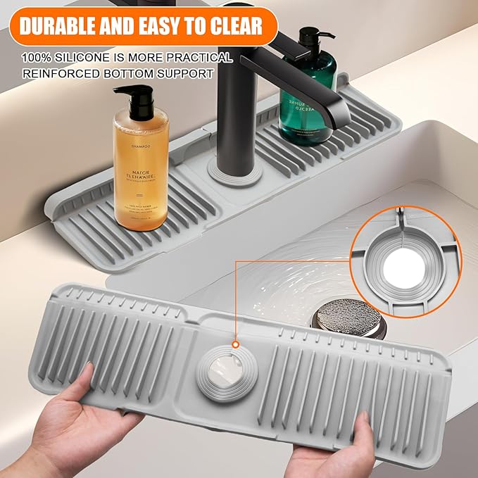 24" Silicone Faucet Mat for Kitchen Sink,7° Draining Mat with Snap Button Lock,Faucet Splash Guard and Sink Counter Organizer,Trim-to-Fit Kitchen Faucet Protector for Sponge Brush Cup