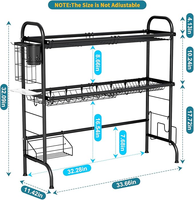 HOWDIA 3-Tier Over The Sink Dish Drying Rack,Stainless Steel Dish Rack with Cutlery Holder & Chopping Board Rack, 33.9” x 11.4” x 32.3” for Maximum Kitchen Storage（Black）