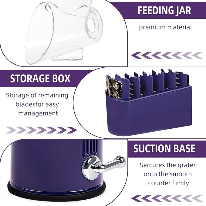Rotary Cheese Grater with Handle, Vegetable Shredder with 5 Replaceable Blades & Strong Suction Base, Round Food Slicer & Chopper for Kitchen Fruit Vegetables Nuts with Blade Storage Box (Purple)