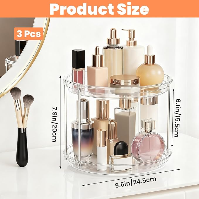 3 Pack 2 Tier Turntable Organizer, 9.6 Inch Clear Rotating Spice Rack for Cabinet, Kitchen, Pantry & Bathroom Countertop, Stackable Rotating Organizer for Medicine, Makeup & Condiments
