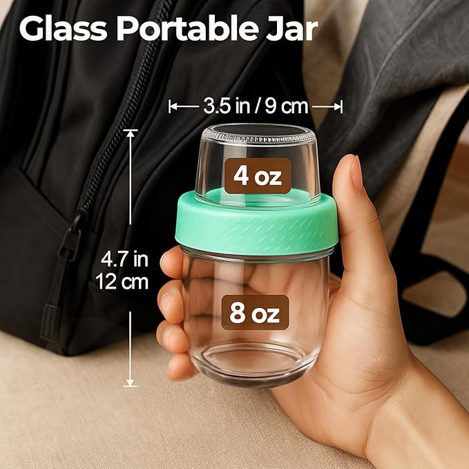 ComSaf Overnight Oats Containers with Lids (8oz+4oz, 2Pcs), Glass Yogurt Parfait Cups for Cereal Nut Fruit, Dual-Layer Chia Pudding Jars Reusable, Small Mason Jars for Salad, Meal Prep, Snack, Oatmeal
