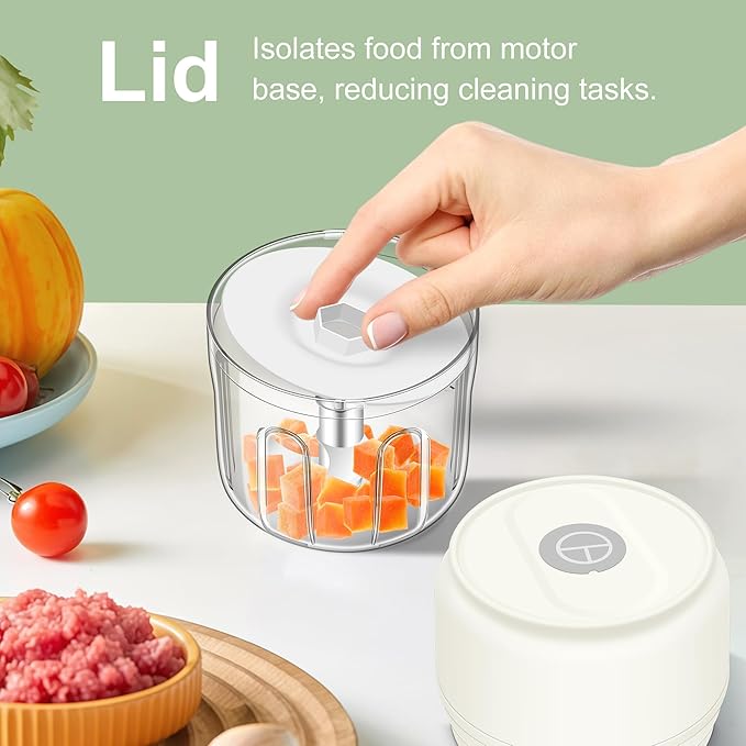 250ML Mini Electric Garlic Mincer, Onion Chopper Grinder Masher, USB Wireless Garlic Press, Small Food Processor Blender for Vegetable Ginger Chili, White