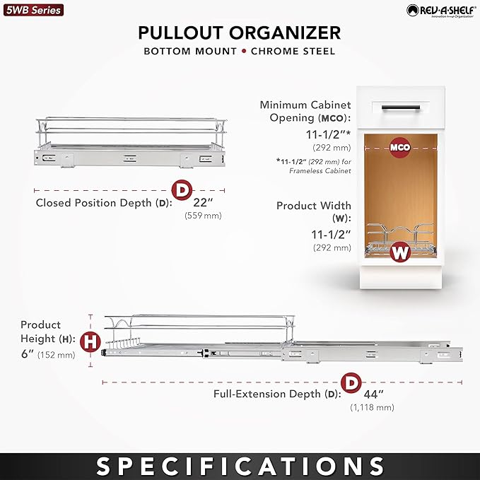 Rev-A-Shelf Steel Wire Pullout Drawer Organizer Shelf for Kitchen Cabinets, Slide Out Storage Basket, Min Opening Width of 11.5" W, 12" x 22", 5WB1-1222CR-1