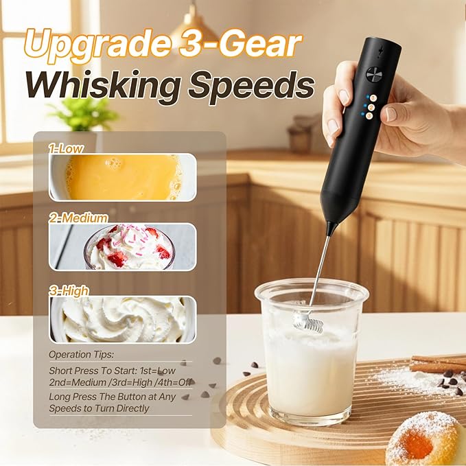 Handheld Milk Frother, Powerful Milk Frother for Coffee,Rechargeable Electric Frother with Stand,3-Speed Drink Mixer for Latte, Matcha, Protein Shakes, Hot Chocolate, Cappuccino, Egg Whisk