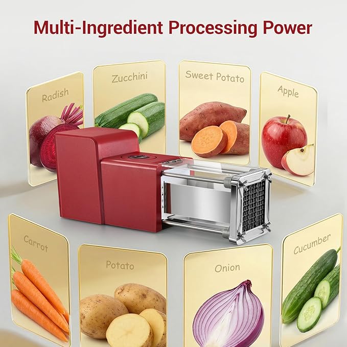 Sopito French Fry Cutter Electric Vegetable Slicer Stainless Steel with 3 Blades 1/4 3/8 1/2 Inch for Potatoes, Carrots, Cucumbers & Onions, Red