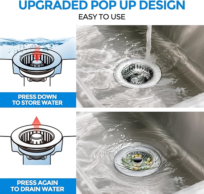 zaa Kitchen Sink Drain Strainer - Kitchen Sink Stopper,Stainless Steel Kitchen Drain Plug & Sink Installation Parts with Anti-Clogging Basket, Fit US Standard 3-1/2'' Sink Drain Hole