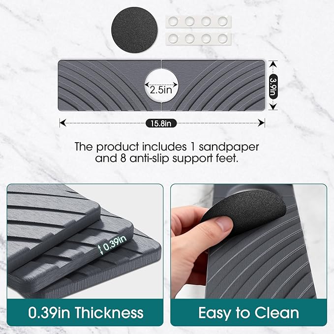 Quick Dry Stone Faucet Mat for Kitchen Sink - 15.8"x3.9" Natural Diatomite Stone Drying Mat for Kitchen Counter Bathroom Dish Dry Mat Auto Drainage Sink Protector (Dark Grey)