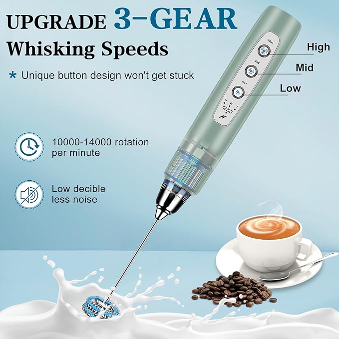 BSRGMS Milk Frother Handheld with Stand, Electric Whisk 3 Speed Adjustable, Drink Mixer with Stainless 3 Whisk, Rechargeable Hand Frother Wand, Foam Maker for Latte Cappuccino Matcha Egg Morandi Green
