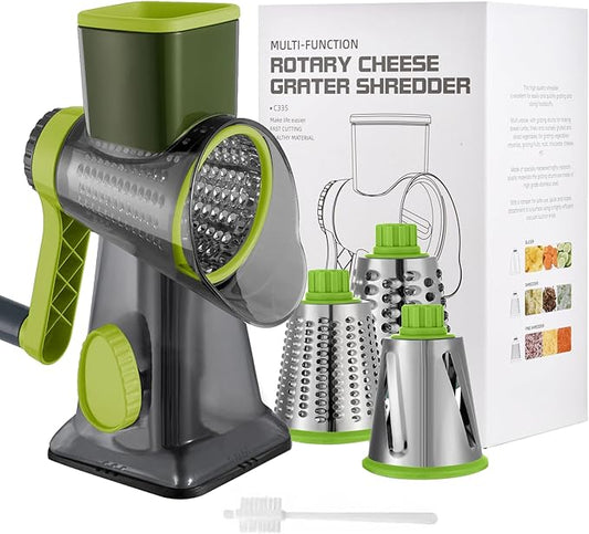 Quick Rotating Cheese Grater, Manual 3-in-1 Vegetable Chopper with Interchangeable Blades and Suction Cup Base (Green)