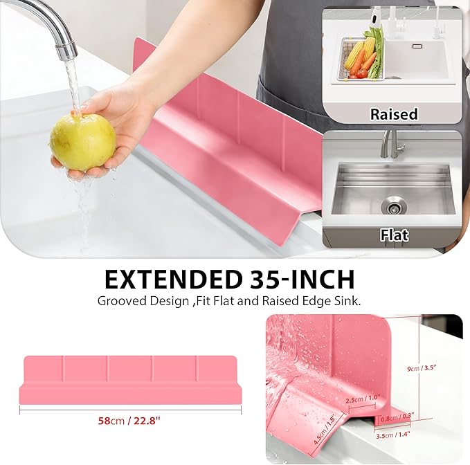 23Inch Sink Splash Guard – Extended Length & Tall Silicone Kitchen Sink Splash Guard with Overhang Drainage Design & Strong Suction Cups for Countertop (Rose Pink, 23''x3.5'')