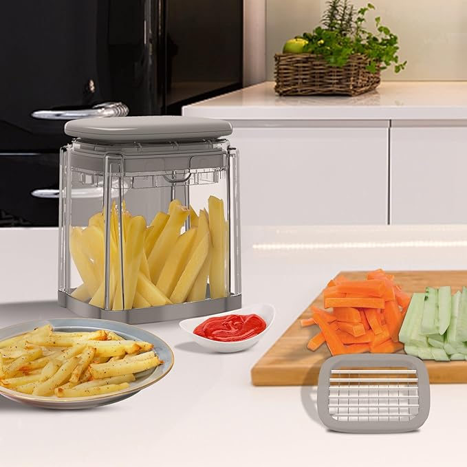 French Fry Cutter, Solucky Potato Onion Cutter, Professional Homestyle Vegetable Chopper Dicer, Great for Potatoes Carrots Cucumbers Zucchini Pepper (Fog Gray)