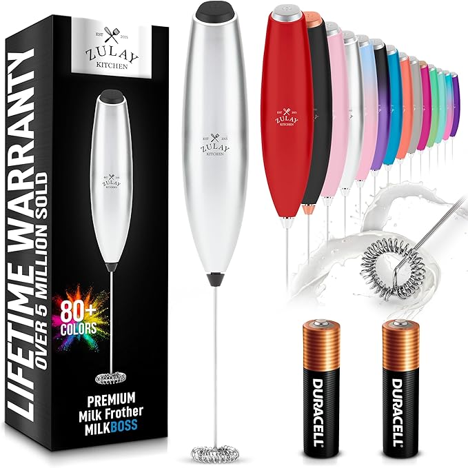 Zulay Kitchen Handheld Milk Frother with Duracell AA Batteries – Ultra Fast Electric Mixer & Foam Maker, Easy-Clean Drink Mixer for Coffee & More - Silver Black