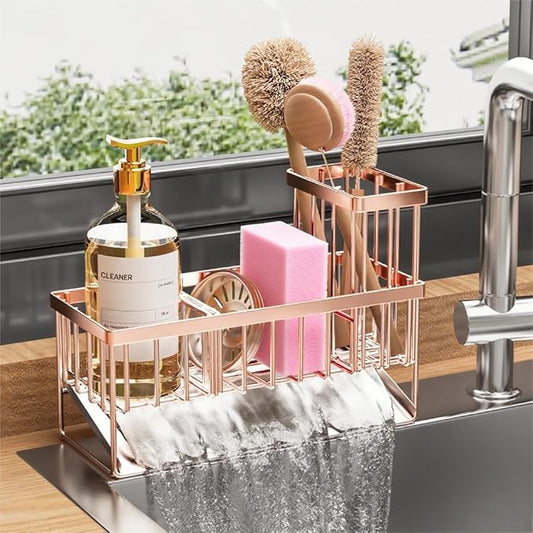 Cisily Sink Caddy Organzier with High Brush Holder, Sponge Holder for Sink, 304 Rustproof Stainless, Kitchen Countertop Soap Dispenser Organizer