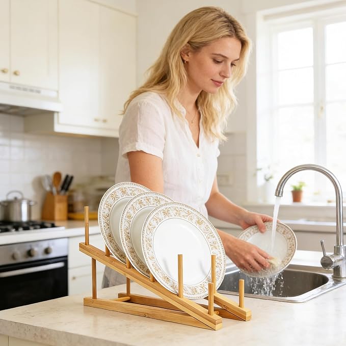 2 PCS Wooden Dish Rack Bamboo Drying Rack Stand Pot Lid Holder Kitchen Cabinet Organizer for Dish Plate Bowl Cup Pot Lid Cutting Board