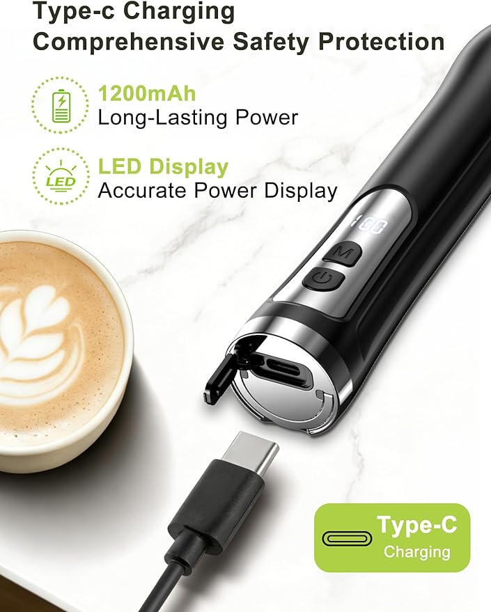 Rechargeable Milk Frother, Coffee Frother Handheld Wand, IP67 Waterproof Electric Foam Maker, High Power High-speed Drink Mixer Foamer for Matcha, Lattes, Cappuccino