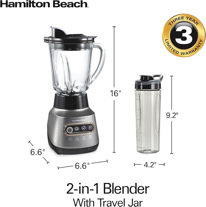 Hamilton Beach Wave Action Blender for Smoothies, Stainless Steel Ice Sabre Blades, 40oz Glass Jar, 20oz Blend-In Portable Travel Jar, 800 Watts, Quiet Design, Silver (58181)
