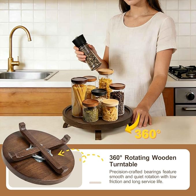 10" Solid Wood Lazy Susan Turntable Organizer for Cabinet, Pantry, Kitchen Countertop - Farmhouse Style with Raised Feet & Water-Resistant Coating, Rustic Bathroom Vanity Tray and Dining Table Decor