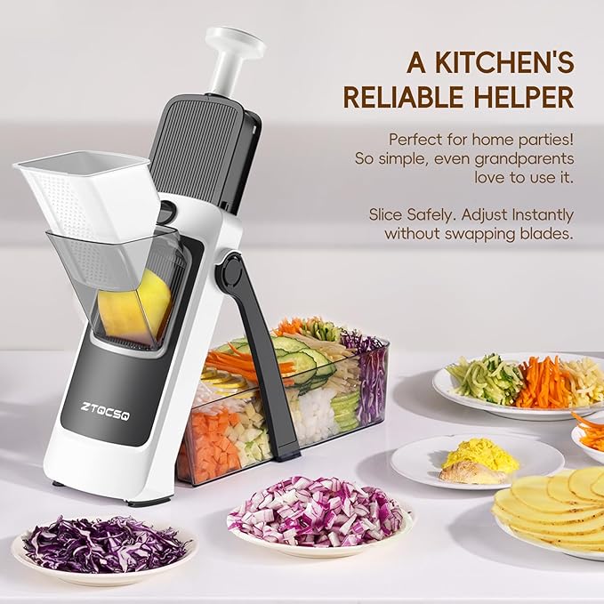 [All in 1] Vegetable Slicer with Adjustable Thickness, Easy to Clean Potato Mandoline Slicer with Container, Rapid Prep French Fry Veggie Cutter/Onion Slicer, Free Grater/Cleaning Brush (Gray)