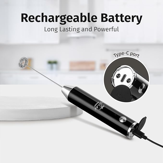 Zulay Kitchen Rechargeable Milk Frother Handheld - Frother Wand, Drink Mixer, Electric Whisk Frother, for Cappuccinos, Matcha & Protein Powder - Lux 4 Whisk 2 Speed Waterproof 2000mAh Black