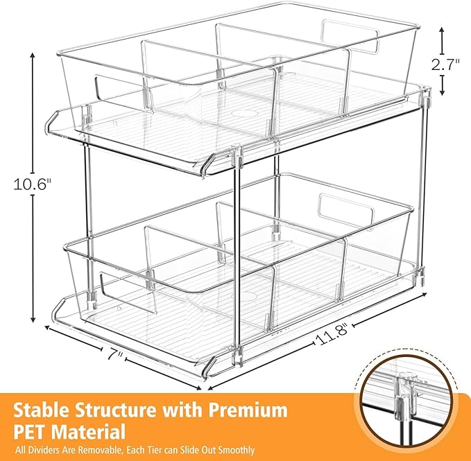 Fabspace Pull-out Home Organizer, 2 Pack 2 Tier Clear Bathroom Organizer with Dividers, Multipurpose Vanity Counter Tray, Kitchen, Closet Organizers, Cabinet & Storage Container Bins