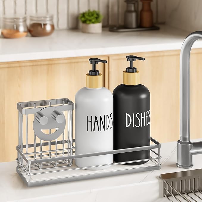 Moforoco Kitchen Dish Soap Dispenser Set, 16OZ Glass Bottle, Hand and Dish Soap Dispenser Set, Instant Dry Tray, Brush Holder with Smiley Face Sponge Holder (Silver Tray+Black&White Bottle)