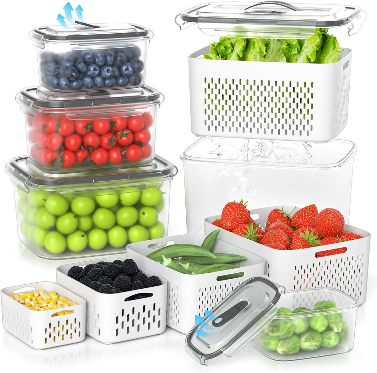 5 Pack Fruit Storage Containers for Fridge with Colander, Vent, Lid