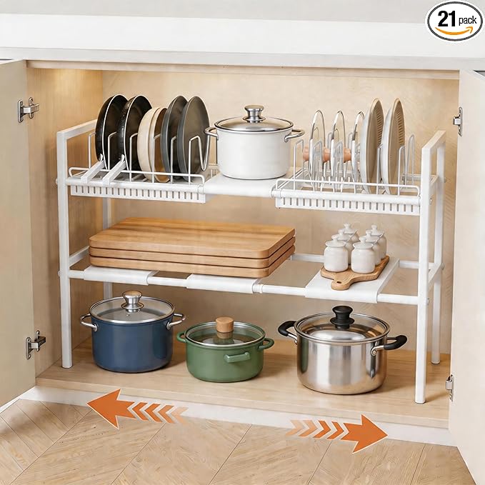 Pots and Pans Organizer Under Cabinet, Expandable Pots Organizers Inside Cabinet, Adjustable Height Under Sink Shelf 2 Tier with 10 Dividers Under Cabinet Shelf, Pot and Pan Lid Holder Rack (White)