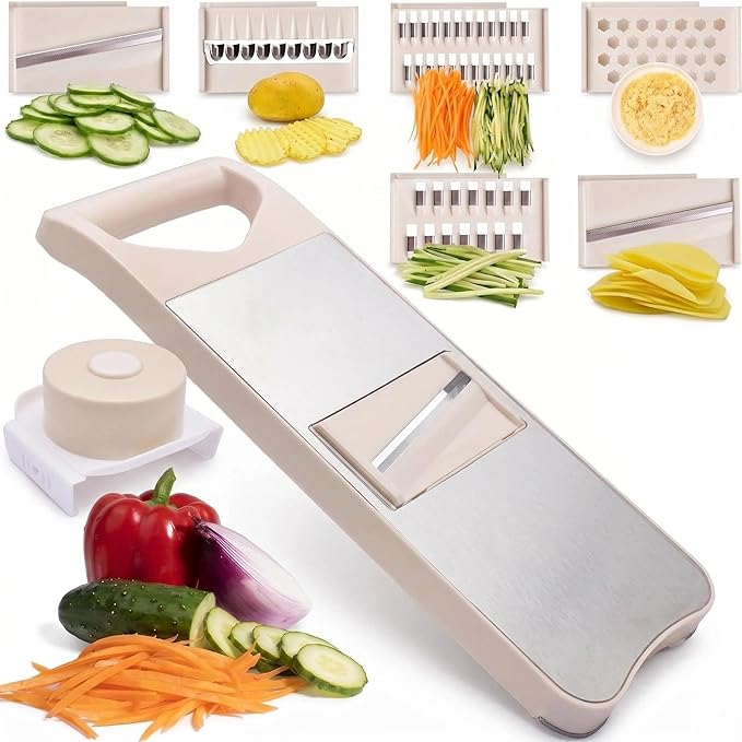 NACOLUS 6-Blade Mandoline Slicer with Slide-On Hand Guard - Vegetable Slicer, Carrot Shredder,Safe Potato/Garlic Slicer Vegetable Cutter, Waffle Fry Cutter (Beige, 6-in-1)
