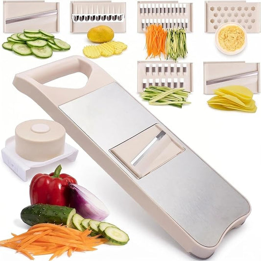 NACOLUS 6-Blade Mandoline Slicer with Slide-On Hand Guard - Vegetable Slicer, Carrot Shredder,Safe Potato/Garlic Slicer Vegetable Cutter, Waffle Fry Cutter (Beige, 6-in-1)