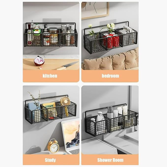 Storage Rack with 3 Compartments, Spice Rack Wall Mount, Punch-Free Hanging Spice Racks, Multi-Purpose Storages Organizer, Kitchen Storage Baskets for Seasonings Oniones Ginger Garli