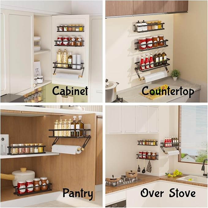 3 Pack Spice Rack Wall Mount with Paper Towel Holder and Hooks, Screw or Adhesive Hanging Spice Shelf, Space Saving Spice Organizer for Seasonings, Spice Racks for Stove Rv Cabinet Black