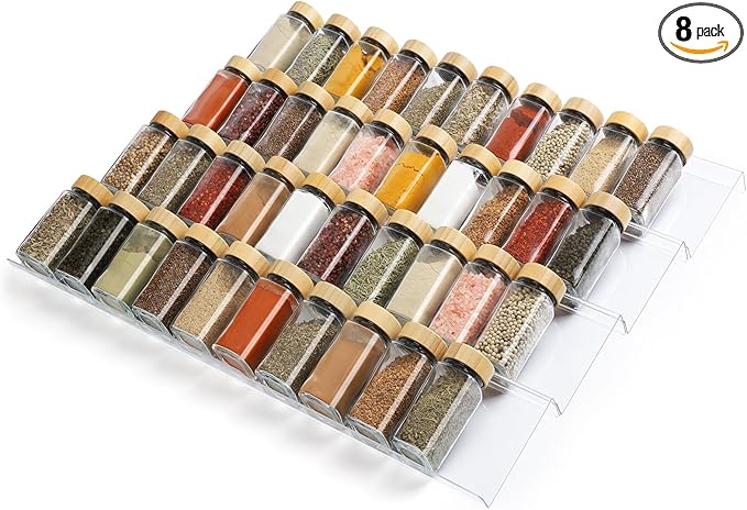 Suneerplay Spice Drawer Organizer 8 Tier, Acrylic Seasoning Organizer Rack, Clear Spice Rack Tray, Kitchen Seasoning Jars Drawers Insert (Jars Not Included/Expandable From 13" to 26")