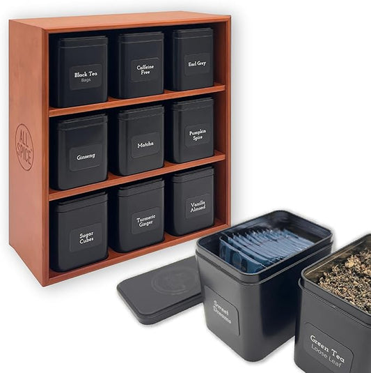 AllSpice Tea Organizer Rack with 9 Tins & 160 Magnetic Labels – Perfect for Bagged & Loose Leaf Tea Organization - Cherry