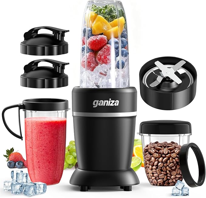 Ganiza Smoothie Blender, Max 1300 Watt Personal Blender and Grinder Combo for Kitchen, Portable Maker for Smoothies, Shakes, Frozen Drinks, Sauces with 6-Leaf Blade, 23 oz, (2) 37 oz To-Go Cups