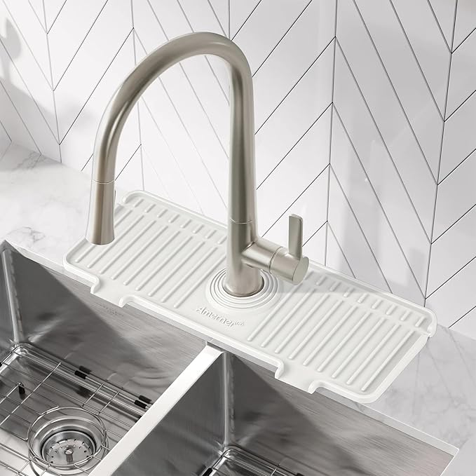 Amerner Kitchen Sink Splash Guard, Silicone Faucet Guard & Draining Mat, Bathroom and Kitchen Sink Organizer, Sink Faucet Mat Water Splash Guard Behind Faucet Accessories Gadgets, 14.2” x 5.1”, White