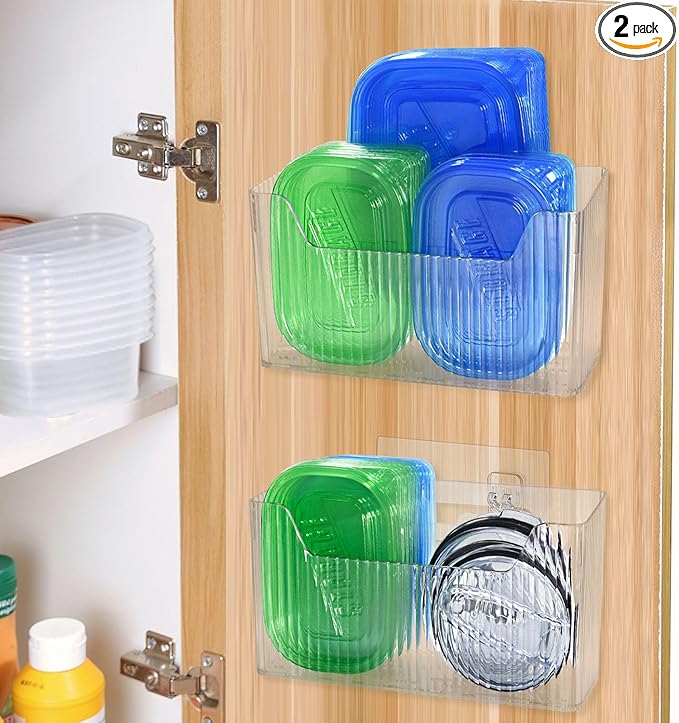 Pensino 2 Pack Adhesive Cabinet Door Organizer Storage Caddy, Clear Lid Organizer Inside Cabinet Wall Mounted Pantry Door Caddy for Food Container Lid Kitchen Under Sink Basket (Clear)
