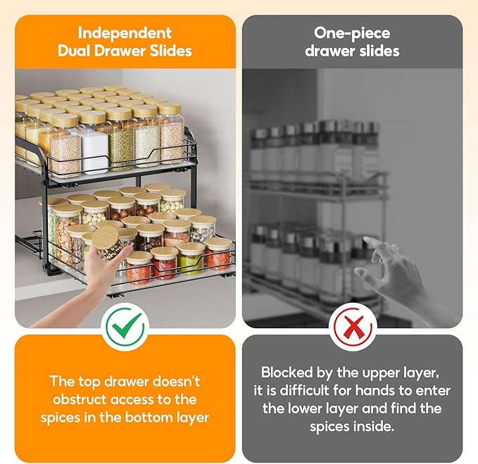 Pull Out Spice Rack Organizer for Cabinet, 2 Tier Metal Seasoning Organizer Slide Out Spice Storage Shelf, Heavy Duty Vertical Spice Rack Pullout for Kitchen, with Labels, 11.5W" X 10.5"D X 9"H