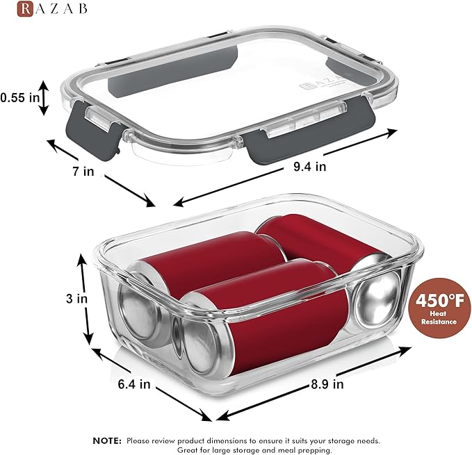 Razab 2 Pcs 1860ml / 63 Oz Large Glass Food Storage Containers with Lids - Glass Meal Prep Containers with Locking Lids for Roasting, Storing Leftover, Lunch Container, BPA Free, Microwave & Oven Safe