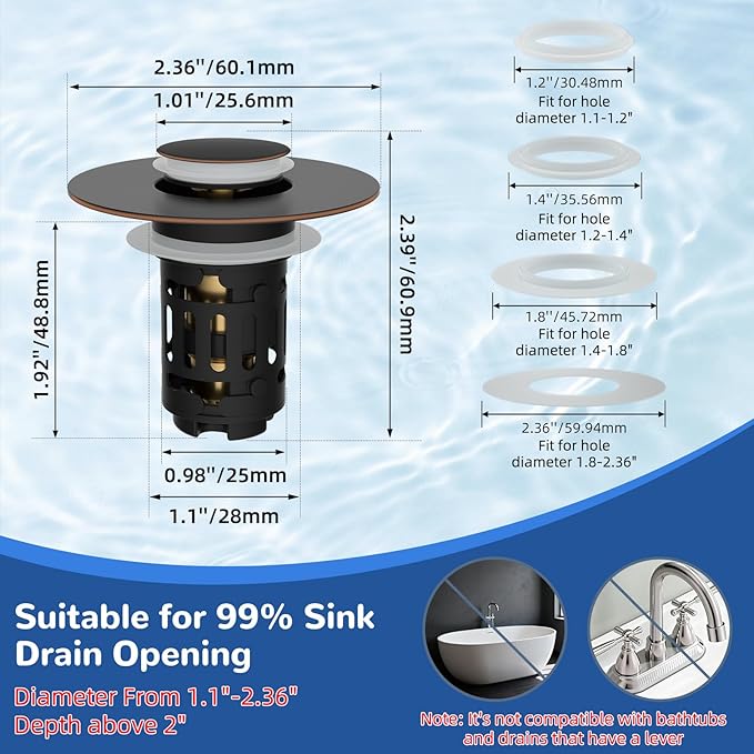 Hibbent Upgraded 3 in 1 Bathroom Sink Drain Strainer, Universal Pop Up Stopper with Removable Stainless Steel Filter Basket Hair Catcher, Sink Plug for 1.1''~2.36'' Basin, Oil-Rubbed Bronze