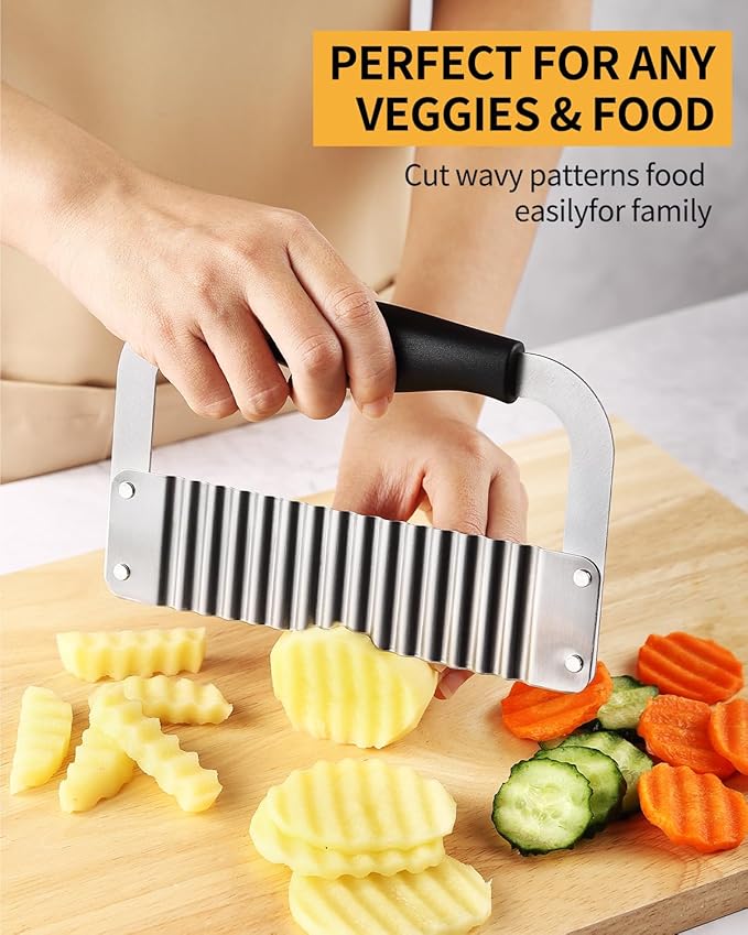 Crinkle Cutter Stainless Steel Potato Slicer Heavy Duty Wavy Crinkle Cutting Chopping Tools with Wooden Handle for Carrot Veggies (1, Black)