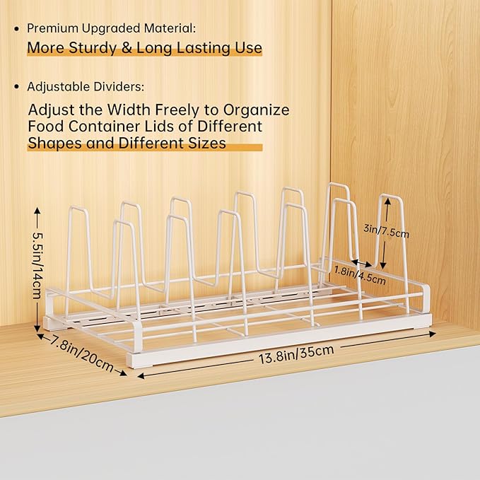 Food Container Lid Organizer, 6 Removable Adjustable Dividers Metal Rack - Storage for Plastic Lids, Pots, Bakeware, Fit for Cabinets, Cupboards, Pantry, Drawers (White)