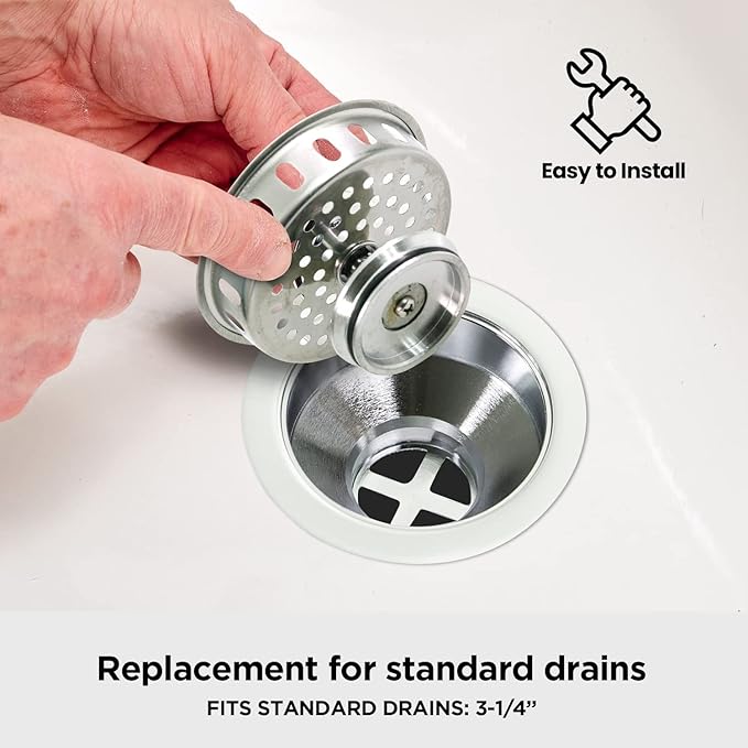Highcraft 97343 Kitchen Sink Basket Strainer Replacement for Standard Drains (3-1/4 Inch) Stainless Spring Steel Closure and Rubber Stopper, Stainless Steel