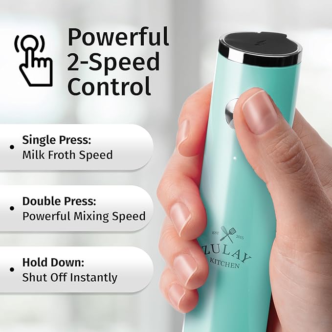 Zulay Kitchen Rechargeable Milk Frother Handheld - Frother Wand, Drink Mixer, Electric Whisk Frother, for Cappuccinos, Matcha & Protein Powder - Lux 4 Whisk 2 Speed Waterproof 2000mAh Sky Blue