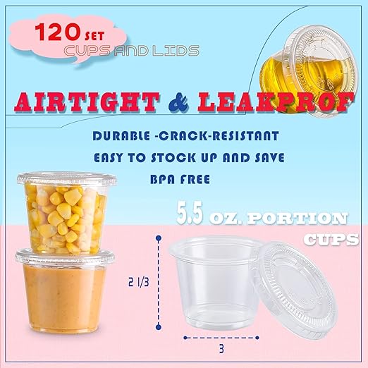 VITEVER [120 Sets - 5.5 oz] Portion Cups With Lids, Small Plastic Containers, Airtight and Stackable Souffle Cups for Jello Shots, Sauce, Condiments, Lunch, Party, Trips