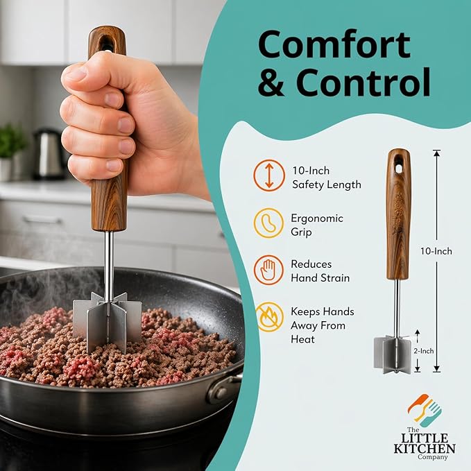 Large Stainless Steel Meat Chopper & Masher | Dishwasher Safe | 6-Blade Ground Beef Chopper Tool | Hamburger Smasher | Oversized Ergonomic Handle | Heat Resistant Grip - 10" (Walnut Wood Veneer 10")