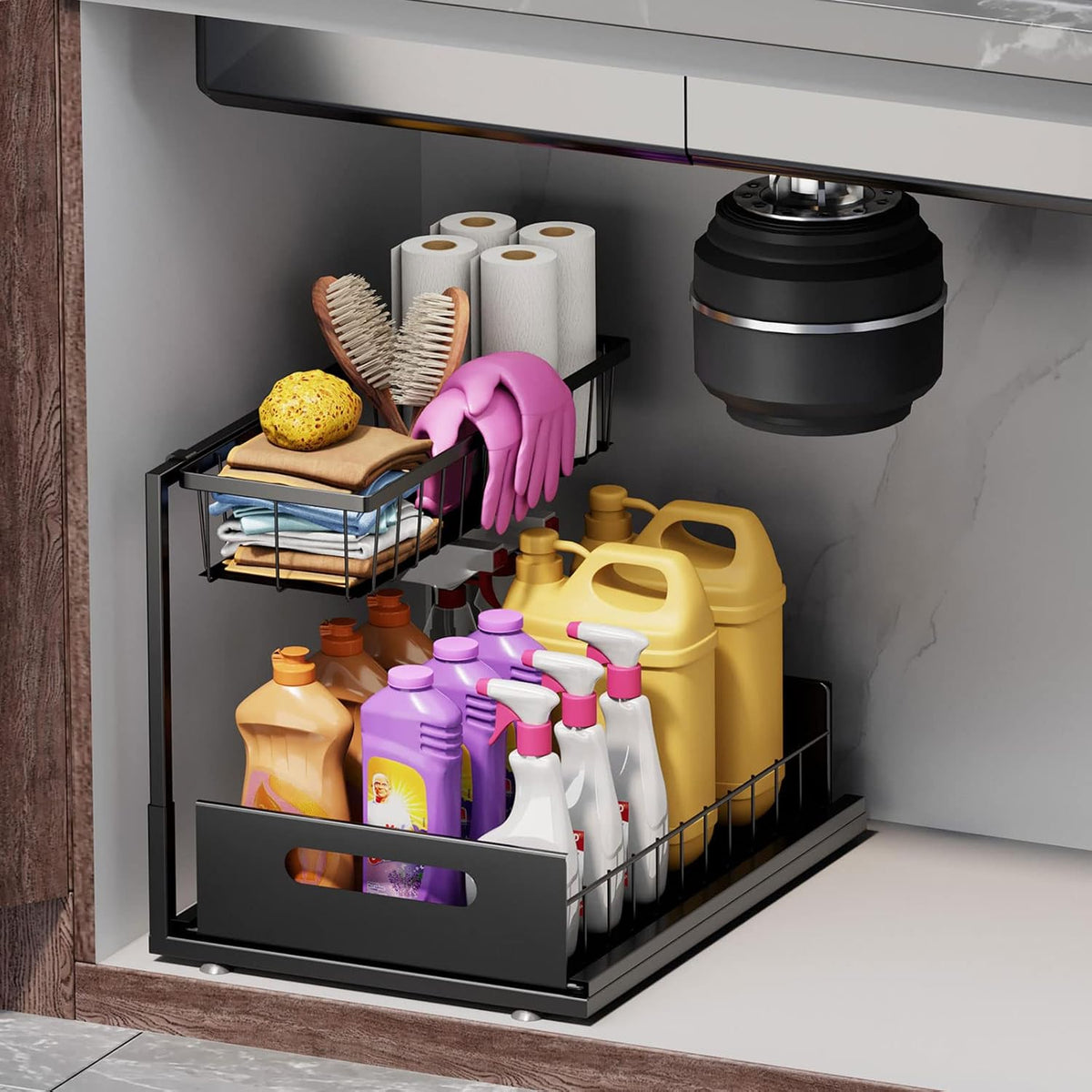 Slide Out Under Sink Organizers and Storage, Black, 1 Pack
