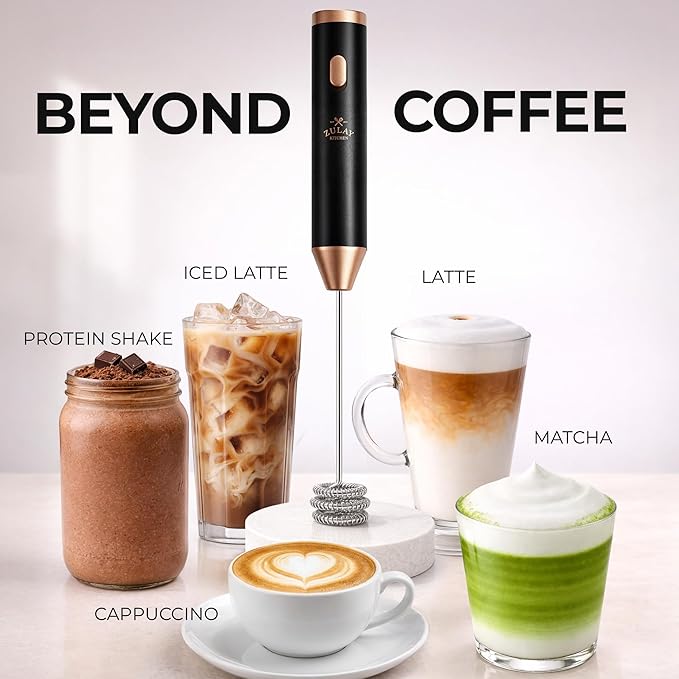 Zulay Kitchen Rechargeable Milk Frother Handheld - Frother Wand, Drink Mixer, Electric Whisk Frother, for Cappuccinos, Matcha & Protein Powder - Ultra Metal 3 Whisk, 1800mAh Black Copper