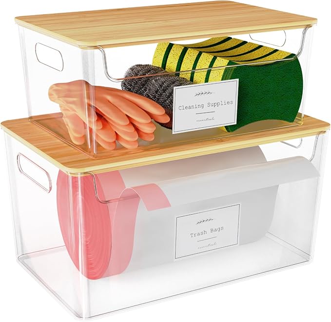 COAZEX 2 Pack Trash Bag Holder Under Sink Stackable, Plastic Garbage Dispenser with Lid, Trash Bag Storage Dispenser Roll Holder for Kitchen, Pantry, Laundry Room Organization